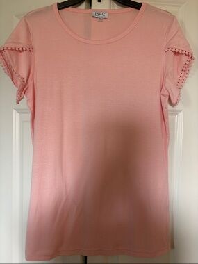 Indigo Pink Short Sleeve Crewneck Top with Crochet-Trim Sleeves